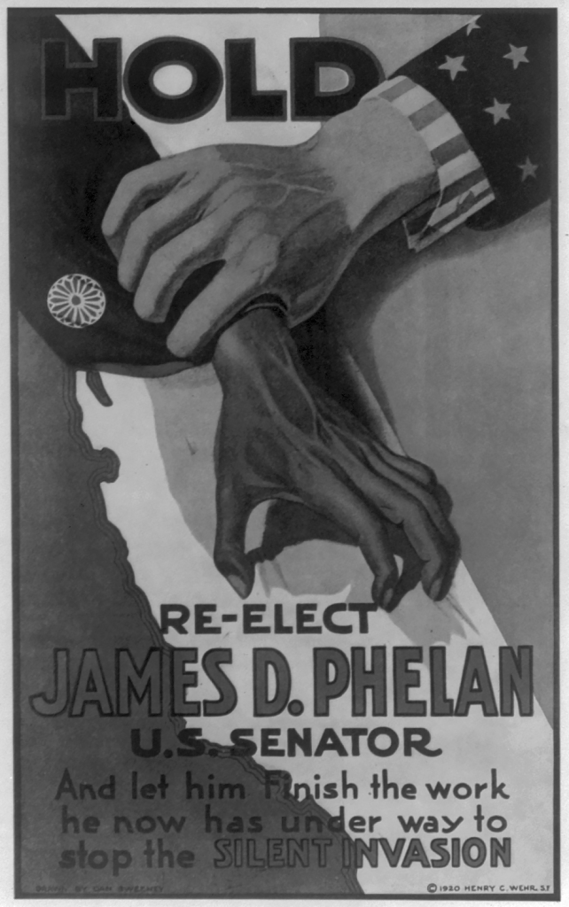 Old political ad that reads: "HOLD Re-elect James D. Phelan U.S. Senator And let him finish the work he now has under way to stop the silent invasion."